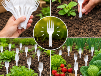 Plastikgabeln im Gemüsebeet als natürliche Barriere zum Schutz von Pflanzen vor Katzen, Kaninchen und anderen Gartenbesuchern