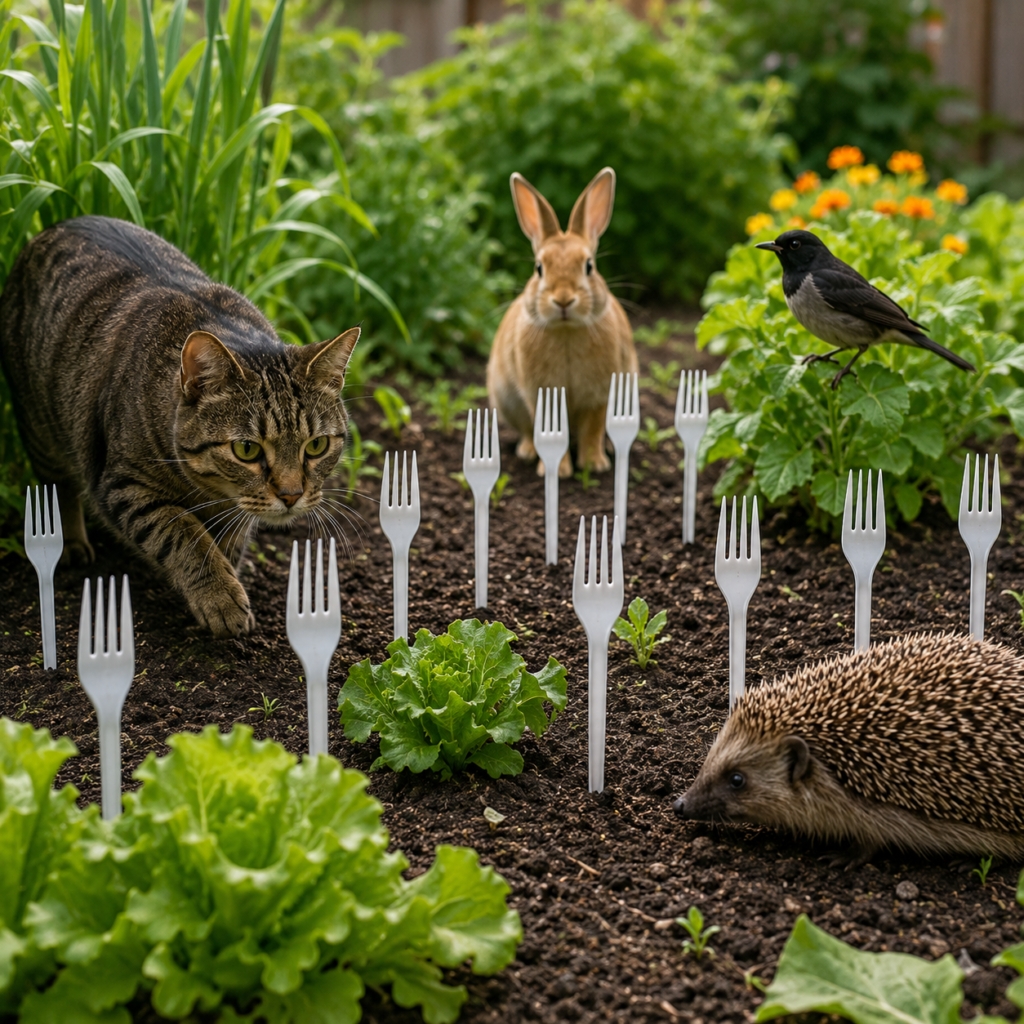 Plastikgabeln im Gemüsebeet als natürliche Barriere gegen Katzen, Kaninchen, Vögel und andere Gartenbesucher