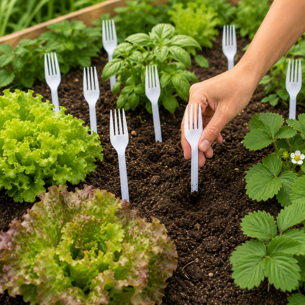 Hand steckt Plastikgabeln in die Erde eines Gemüsebeets als natürliche Barriere zum Schutz von Pflanzen vor Katzen und anderen Gartenbesuchern