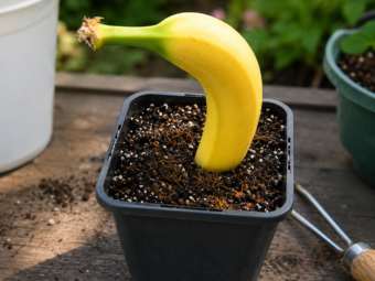 Banane in einem Blumentopf als Symbol für die Verwendung von Bananenschalen als natürlicher Dünger für Garten- und Zimmerpflanzen