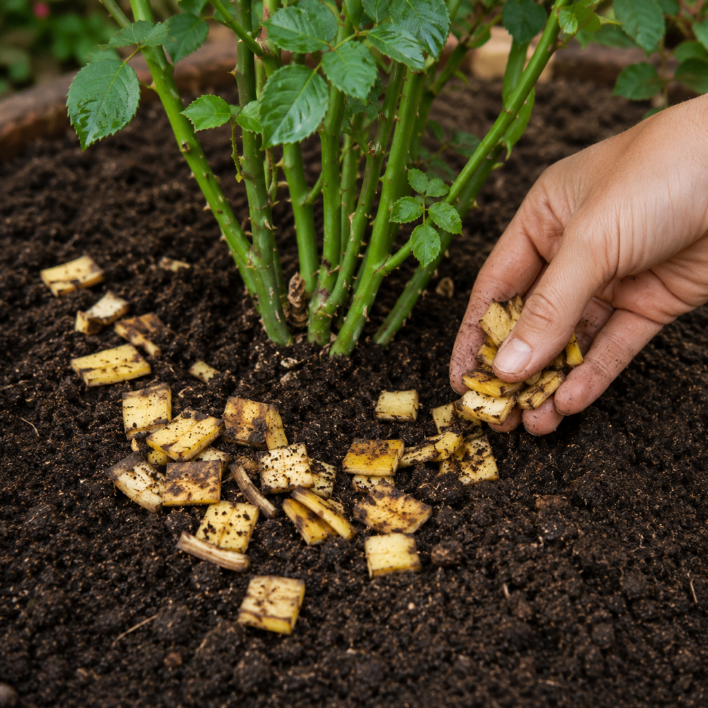Kleine Stücke von Bananenschalen werden rund um eine Gartenpflanze in die Erde eingearbeitet