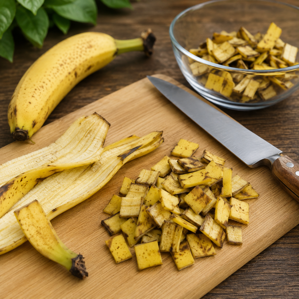 Zerkleinerte Bananenschalen auf einem Schneidebrett zur Vorbereitung als natürlicher Dünger für Garten- und Zimmerpflanzen