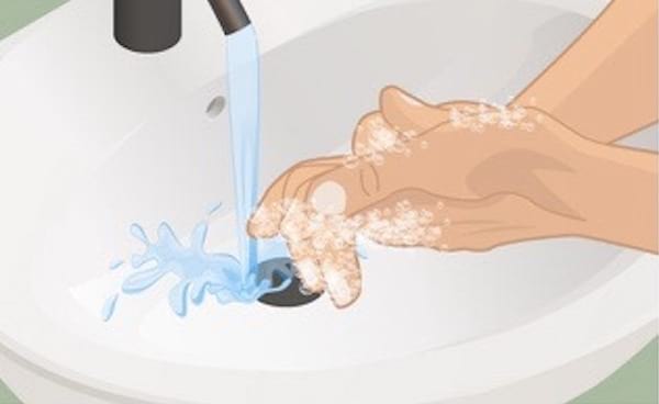 Illustration d'un lavage de mains sous un filet d'eau du robinet.