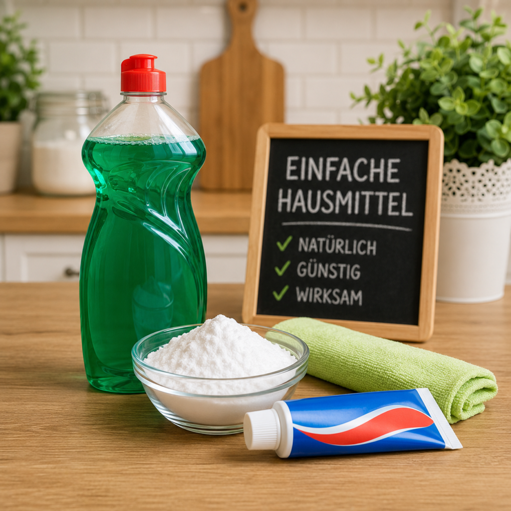 Spülmittel, Zahnpasta und Natron auf einer Küchenarbeitsplatte als natürliche Zutaten für einen beliebten Reinigungstrick im Haushalt.