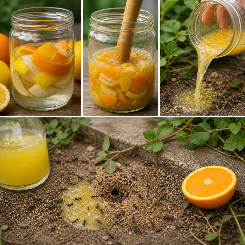 Préparation d’un mélange à base d’écorces d’agrumes fermentées utilisé comme méthode naturelle contre les fourmis dans le jardin.