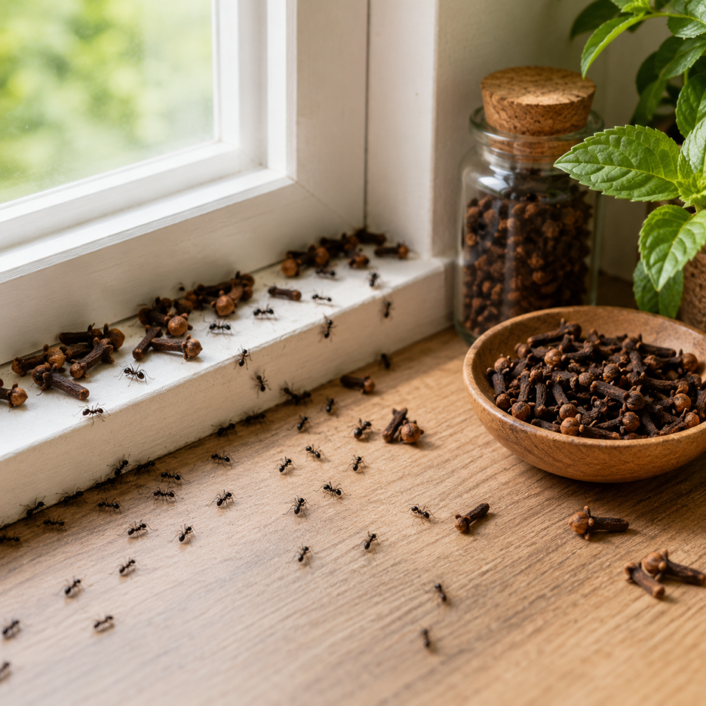 Gewürznelken werden entlang eines Fensterrahmens ausgelegt, um Ameisen auf natürliche Weise fernzuhalten.