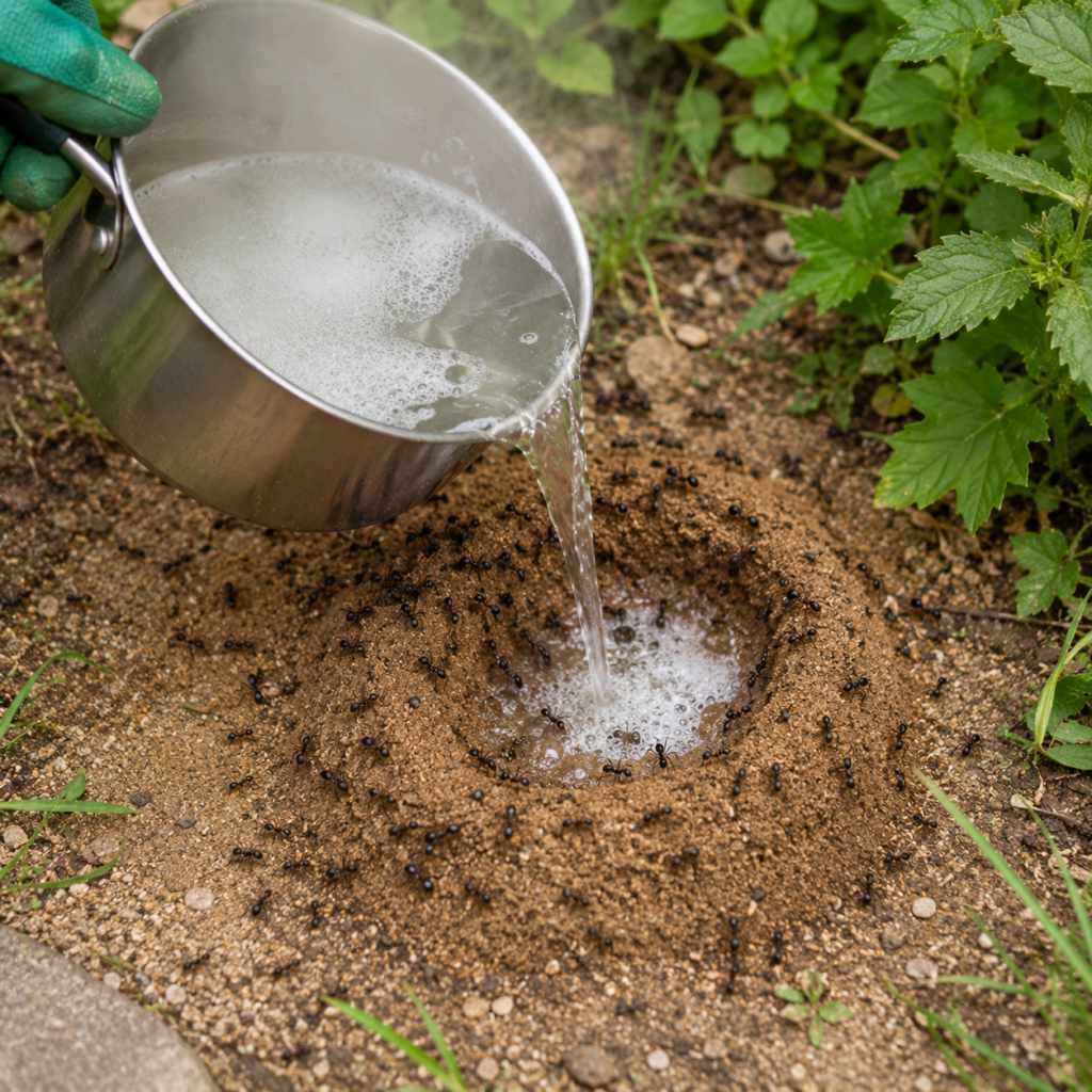 Heißes Wasser mit Schmierseife wird auf ein Ameisennest im Garten gegossen.