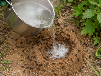 Heißes Wasser mit Schmierseife wird auf ein Ameisennest im Garten gegossen.