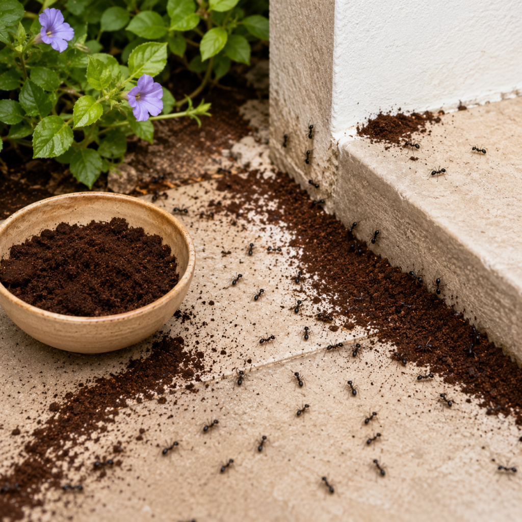 Kaffeesatz wird entlang von Ameisenwegen auf einer Terrasse verteilt, um Ameisen auf natürliche Weise fernzuhalten.