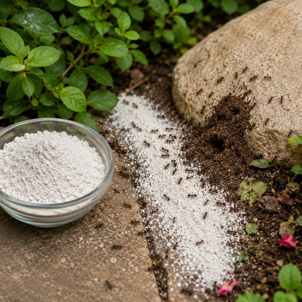 Kieselgur wird rund um ein Ameisennest im Garten gestreut, um Ameisen auf natürliche Weise fernzuhalten.