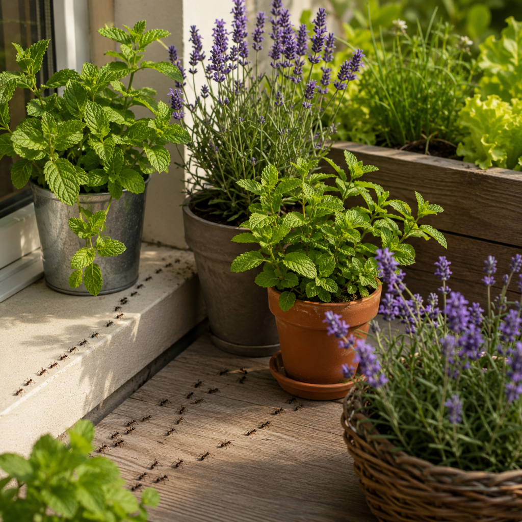 Lavendel und Pfefferminze auf Terrasse und Balkon als natürliche Begleitpflanzen zur Vorbeugung gegen Ameisen in der Nähe von Fenstern und Eingängen.