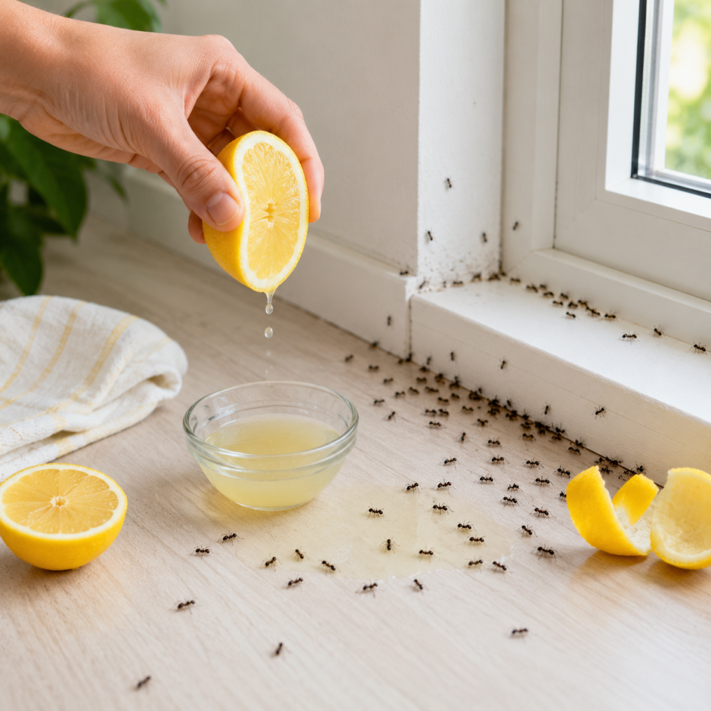 Zitronensaft wird entlang einer Ameisenstraße am Fensterrahmen verwendet, um Ameisen auf natürliche Weise fernzuhalten.