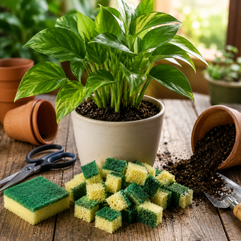 Zimmerpflanze in einem Blumentopf mit zerkleinerten Küchenschwämmen als Upcycling-Idee zur Feuchtigkeitsspeicherung für Topfpflanzen.
