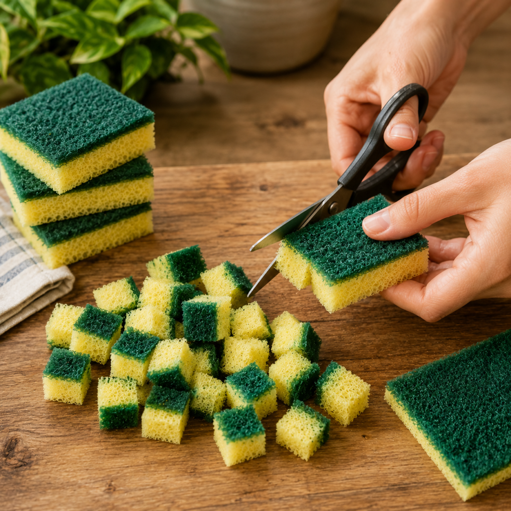 Hände schneiden einen gereinigten Küchenschwamm mit einer Schere in kleine Stücke für einen Upcycling-Trick im Blumentopf.