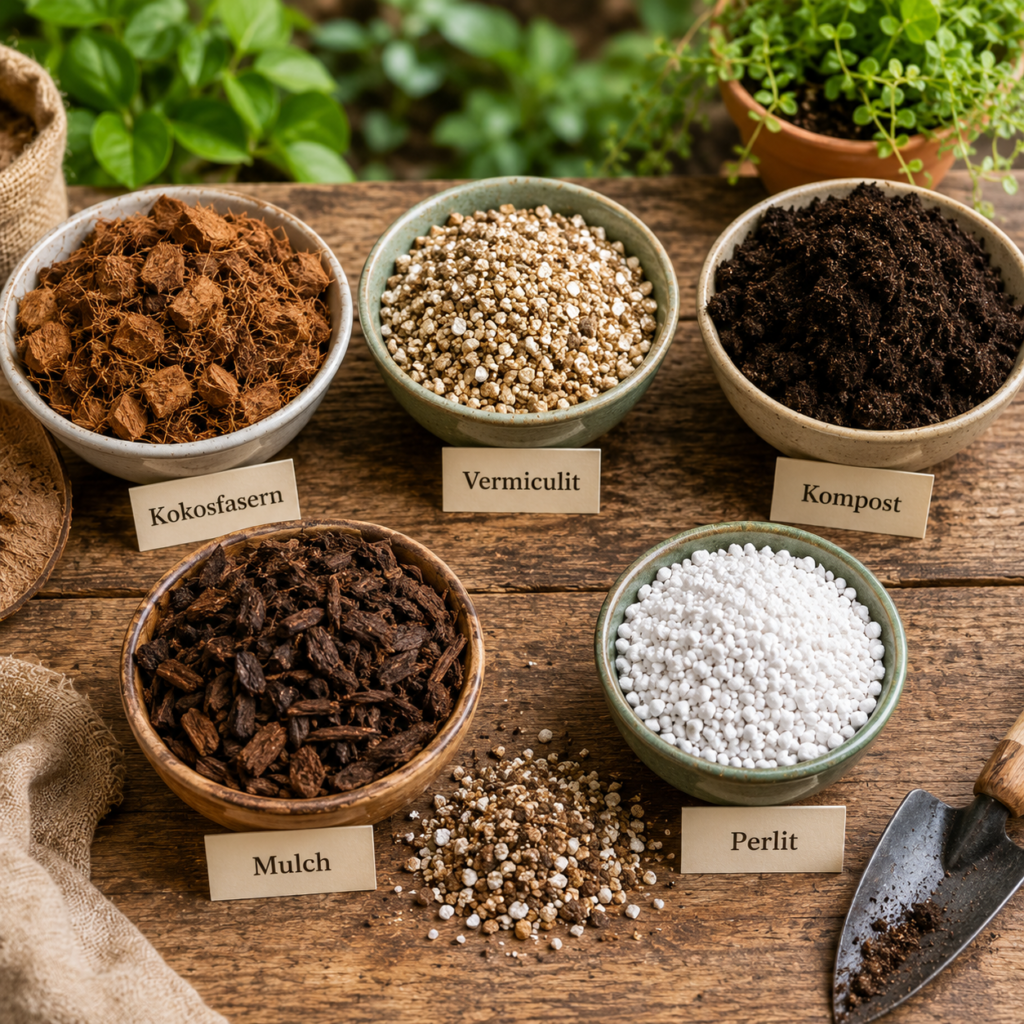 Kokosfasern, Vermiculit, Kompost, Mulch und Perlit als natürliche Materialien zur Verbesserung der Wasserspeicherung und Bodenstruktur für Pflanzen.