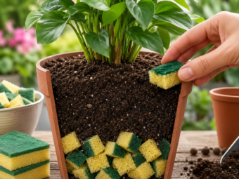 Zimmerpflanze in einem Blumentopf mit zerkleinerten Küchenschwämmen als Upcycling-Idee zur Feuchtigkeitsspeicherung für Topfpflanzen.