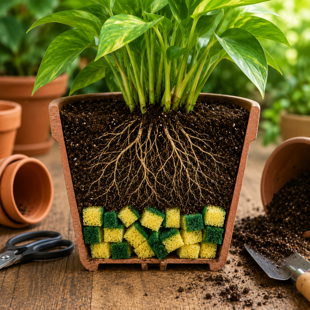 Blumentopf im Querschnitt mit Zimmerpflanze, Wurzeln und zerkleinerten Küchenschwämmen am Topfboden zur Veranschaulichung eines Upcycling-Tricks. 